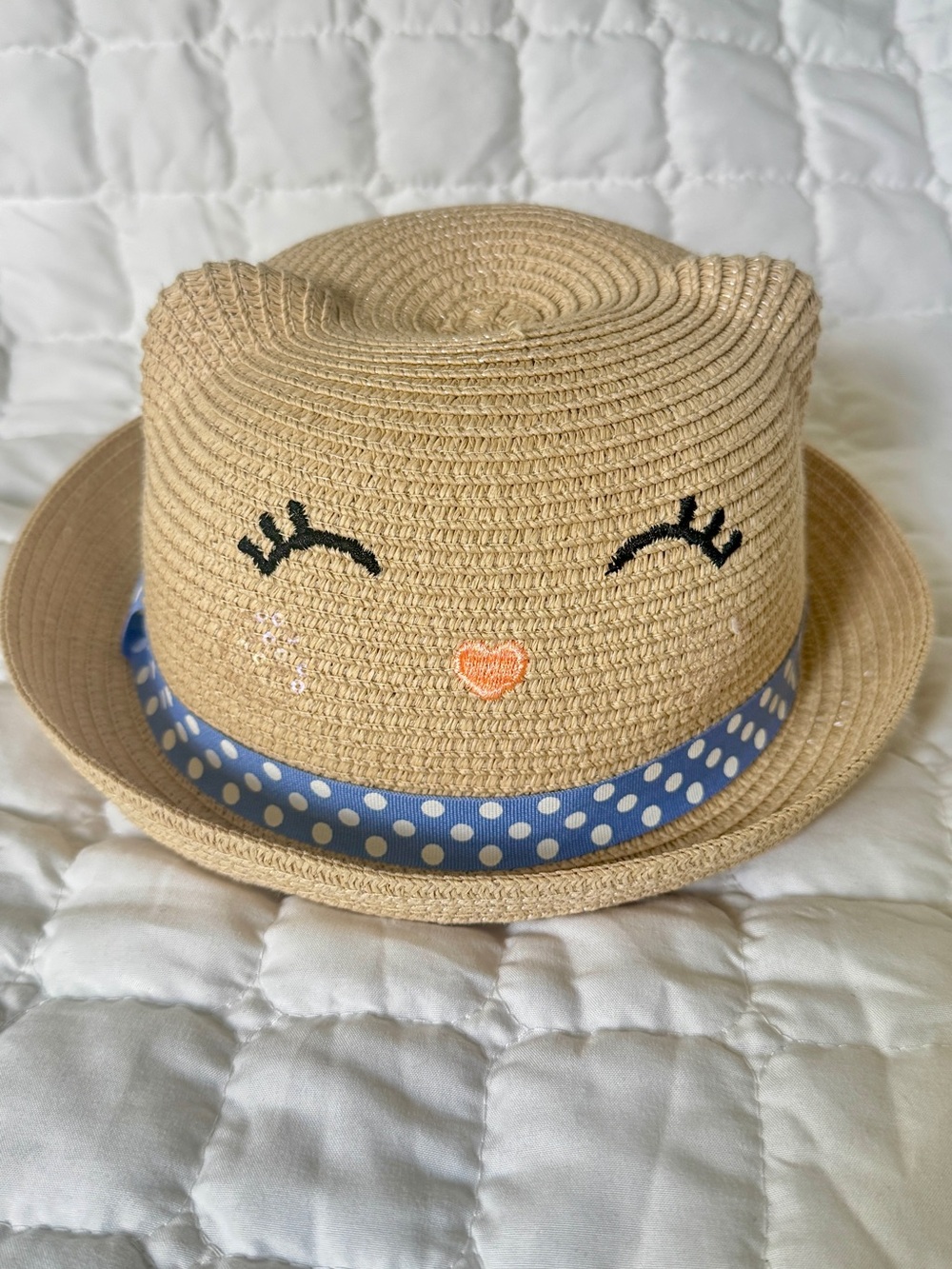 H&M Kids Beige Cat Straw Hat with Blue Polka Dot Band